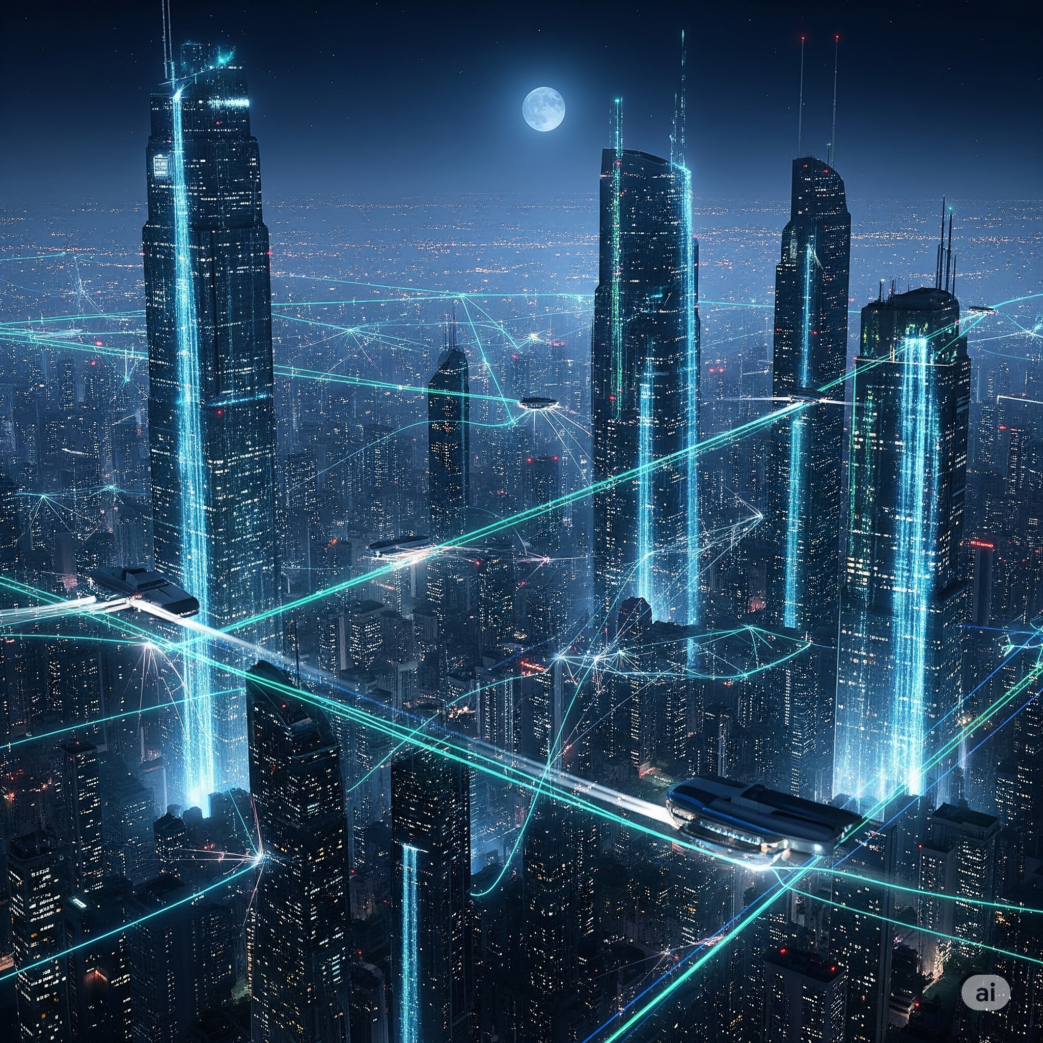 A futuristic city skyline at night with glowing data streams and network connections, representing math in action